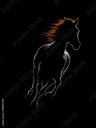 Minimalist line art silhouette of a running horse with flowing mane on black background.