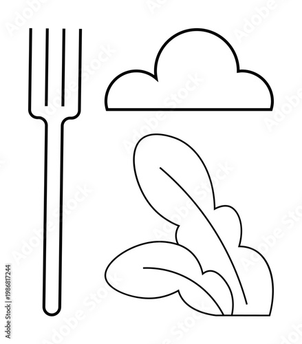 Healthy eating, sustainability, nature, organic farming, dietary choices, minimalism. A fork, cloud and spinach leaf in minimalist line art. Healthy eating and sustainability theme