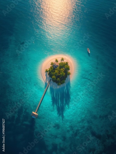 A view of a tropical island reef where sunlight pierces the ocean surface to illuminate a diving paradise