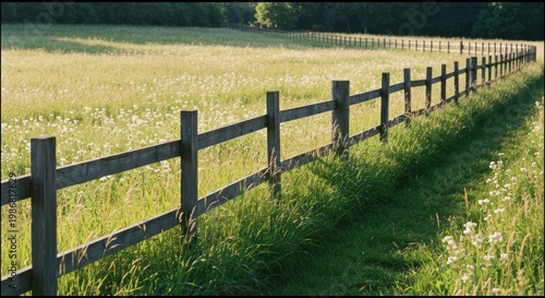 Panoramic shot of a wooden fence dividing a lush, sunlit meadow