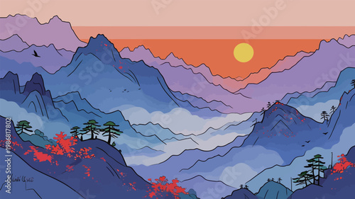 Serene Mountain Range at Sunset with Pines and Mist