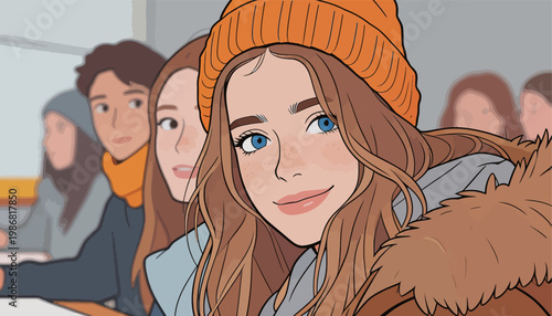 Teenage Girl in Orange Beanie with Classmates