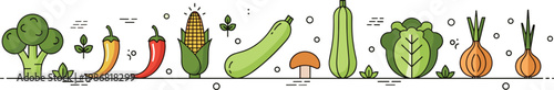 Fresh Vegetable Flat Line Icon Set with Broccoli, Chili Peppers, Corn, Zucchini, Mushroom, Cabbage, and Onions for Healthy Food and Culinary Designs