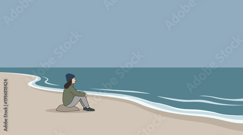 Woman Sitting Alone on a Beach
