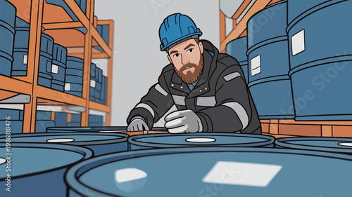 Warehouse Worker Inspecting Blue Barrels