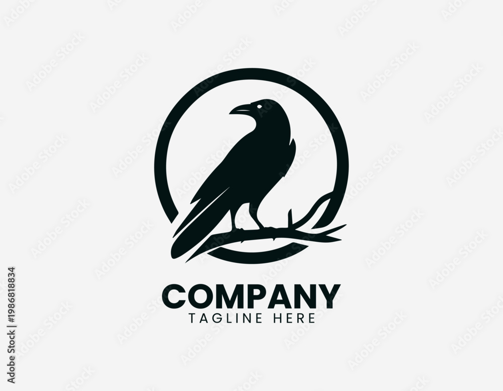 Obraz premium Black line illustration of raven sitting on circular tree branch isolated on white background dark minimalist style symbolic nature