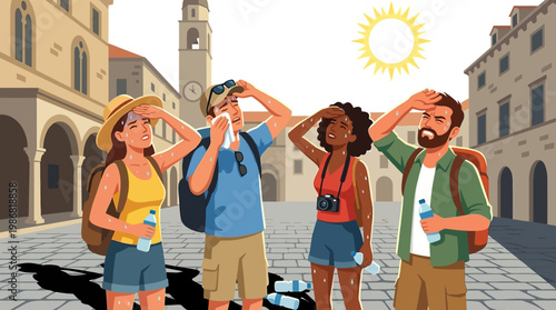 Tourists struggling with the heat during summer vacation travel