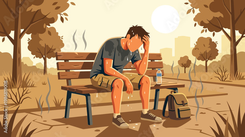 Man Sweating Heavily on Park Bench in Hot Weather