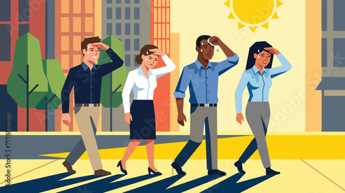 People walking in hot sun, experiencing summer heatwave and sweltering temperatures