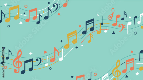 Colorful abstract musical notes flowing across a soft blue background, creating a dynamic and playful melody-inspired design.