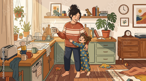 Mother And Child Embracing In Cozy Kitchen At Sunrise