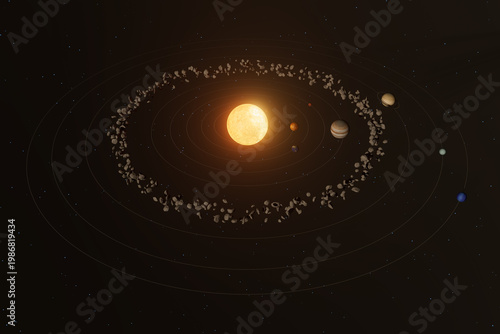 фотографія Solar system model showing planets and asteroid belt orbiting the sun in a dark