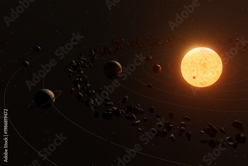 Foto View of a star with planets and asteroids in orbit, showcasing a distant solar s
