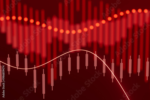 Market trends with candlestick chart and red background showing trading activity and data analysis in a stock market environment