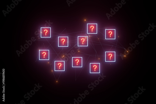 Several question mark icons connected by lines showing a concept of uncertainty in a dark background setting