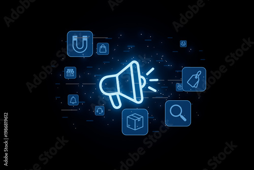 Digital marketing tools in a modern workspace with icons for advertising and promotion in a dark setting