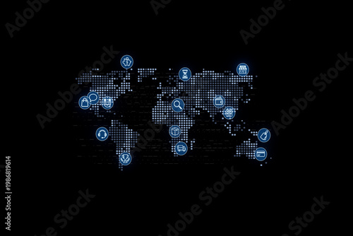 Global network map with icons showing various activities in different parts of the world during a digital tech event
