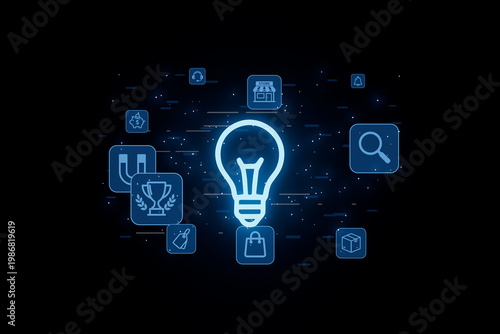 Bright bulb surrounded by various icons representing ideas and business concepts in a digital space