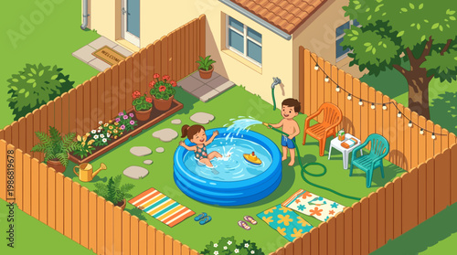 Children Playing In Inflatable Pool On Sunny Summer Day
