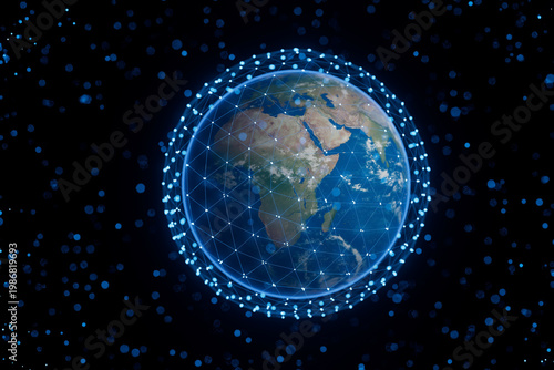 Digital globe with a network of connecting lines and dots shown on a dark background, representing technology and global connections