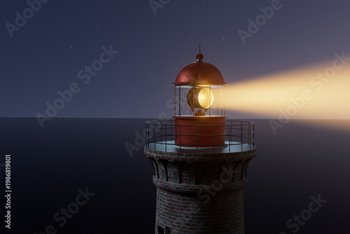 Lighthouse beam lights up the dark ocean at night beside a calm shore under starry sky