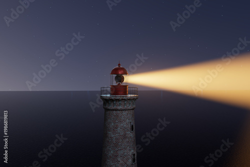 Lighthouse beams light over ocean at night near calm shores with stars shining above