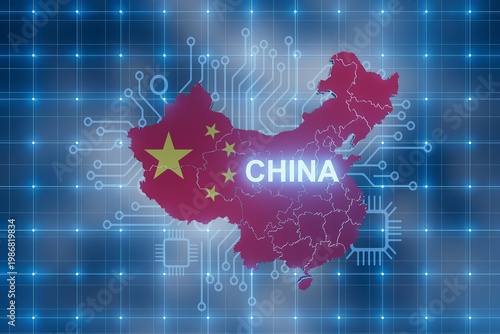 China's map with digital elements representing technology and innovation displayed on a grid background