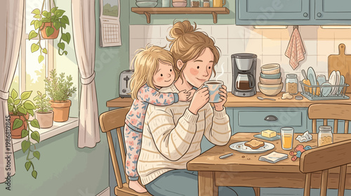 Mother And Child Enjoying Breakfast Together In Cozy Kitchen