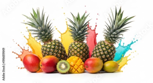 Pineapples and various tropical fruits with colorful liquid splashes against a white background