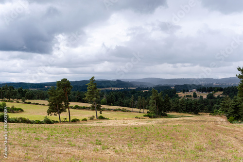 GR65 pilgrim trail crossing the Aubrac plateau, yellowed grass and dramatic cloudy sky, France