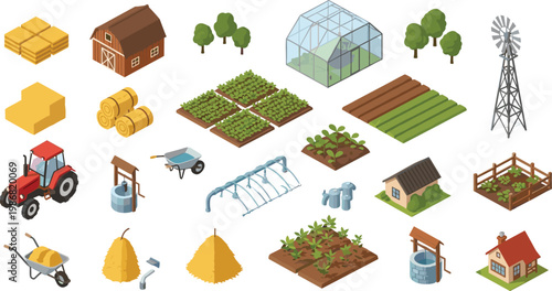 Isometric Agriculture and Farming Equipment Vector Set with Tractor, Barn, Greenhouse, Crop Fields, Hay Bales, and Rural Infrastructure for Garden Designs