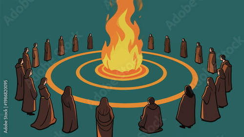 Robe-clad people gathered around a ceremonial fire
