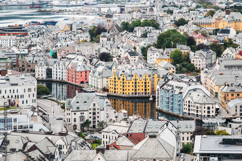 Fototapeta premium Alesund, a picturesque coastal town in Norway, featuring Art Nouveau style architecture