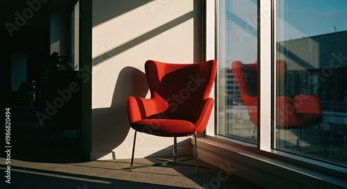 Red chair near a sunlit window with a reflection. Natural light, shadows, and interior