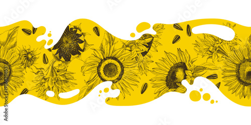 Sunflowers sketched vector seamless border