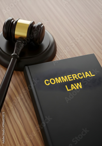 Gavel and a book titled commercial law on a wooden table