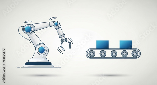 Industrial robot arm and conveyor belt with boxes illustration.