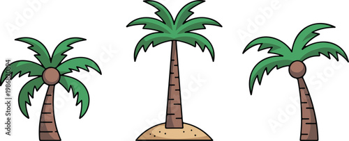 Three palm trees flat vector illustration minimalist tropical landscape coconut trees horizontal arrangement isolated on white background