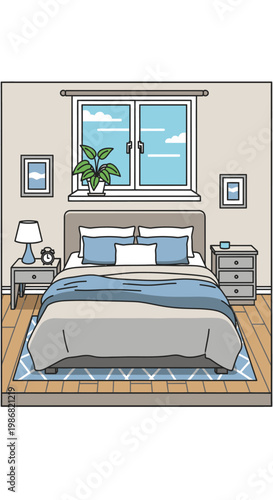 Bed with blue and white bedding.