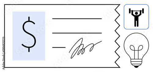 Financial transaction concept. Icon a check with a dollar sign, lines for details, and signature, alongside symbols thumbs up a lightbulb and weightlifting. For banking, payments, finance