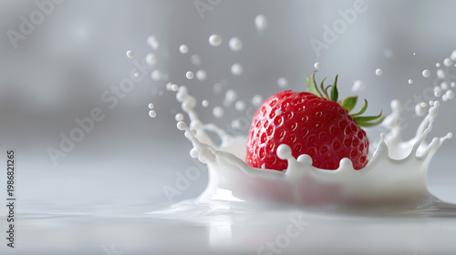 single strawberry suspended in milk splash