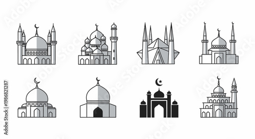 Black and white mosque architecture icons.