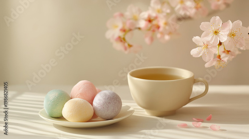 traditional Japanese sweets with cup of tea, spring sunlight, soft pastel background