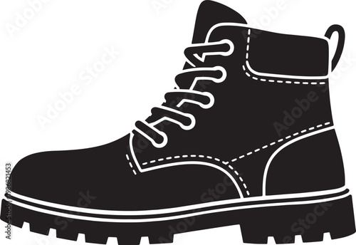 Black silhouette leather work boot icon with laces and rugged sole, construction safety footwear symbol, durable industrial shoe vector illustration isolated design