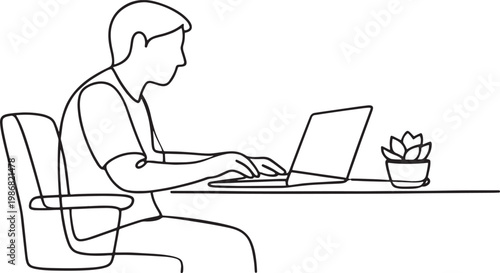 Minimal line art illustration of man working on laptop at desk, office workspace concept with seated person typing, modern remote work outline vector design