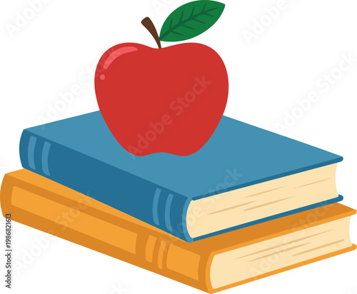 Apple on stacked textbooks flat vector illustration education symbol teacher learning concept minimalist design isolated on white background