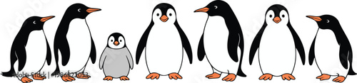 Minimal cartoon illustration of seven penguins standing in line with one gray penguin centered composition vector