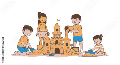 Children Building a Sand Castle Together.