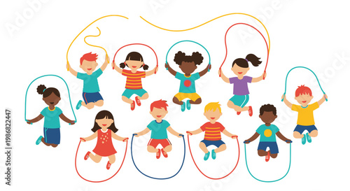 Children jumping with colorful jump ropes.