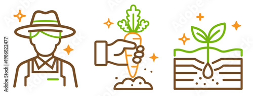Agriculture and Farming Vector Line Icon Set Farmer, Hand Holding Carrot Harvest, and Seedling in Soil with Root Green, Brown, and Orange Outline Icons on White Background